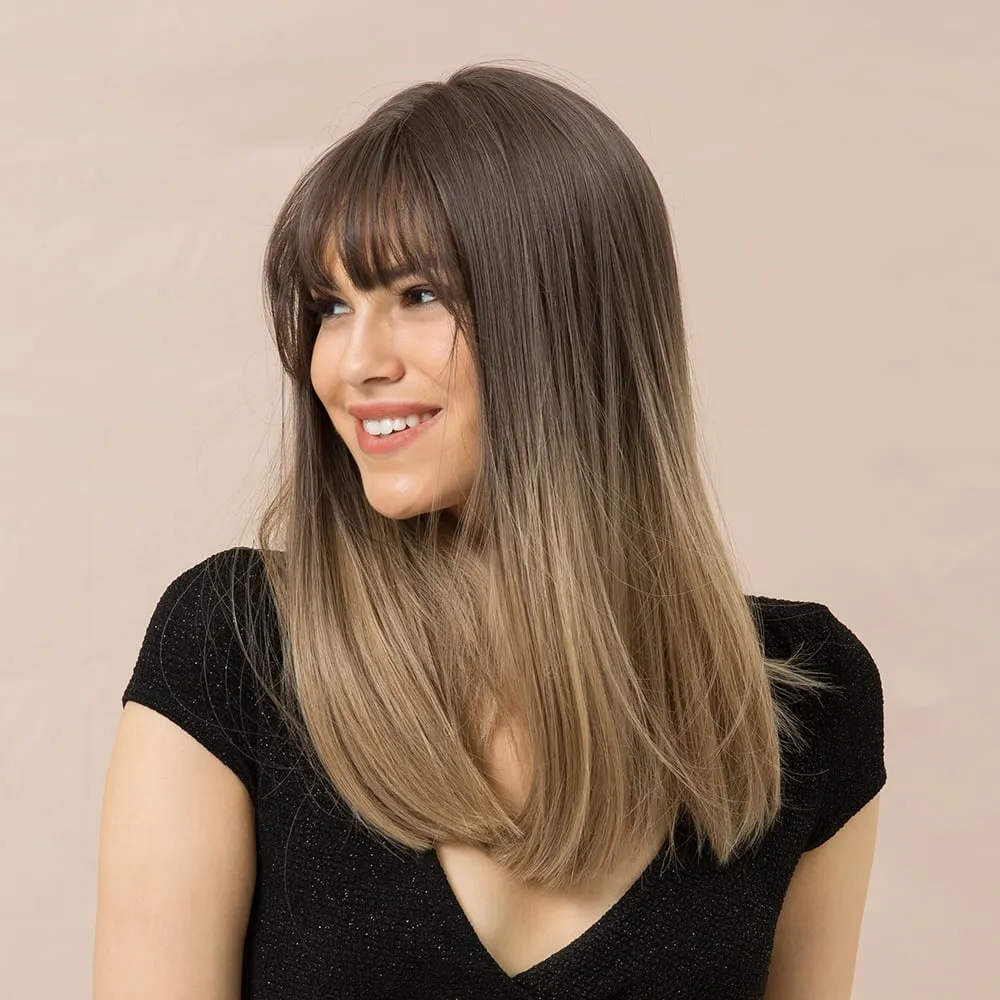 Long Bob Ombre Color Synthetic Hair Straight Wig With Bangs 20 Inches