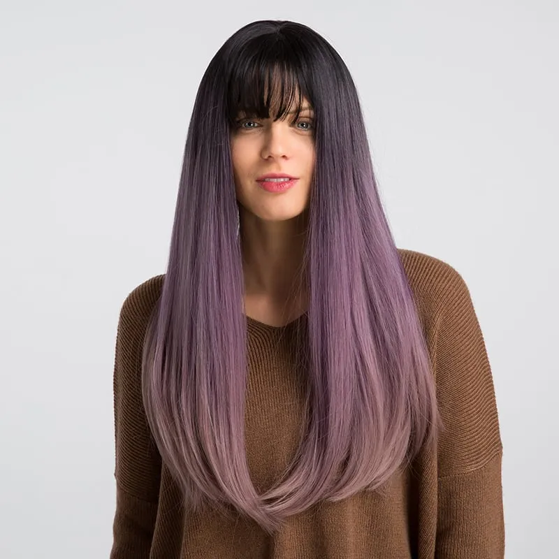 130% Density Long Straight Hair Wigs Black&Purple Color Synthetic Capless Wig 24inch