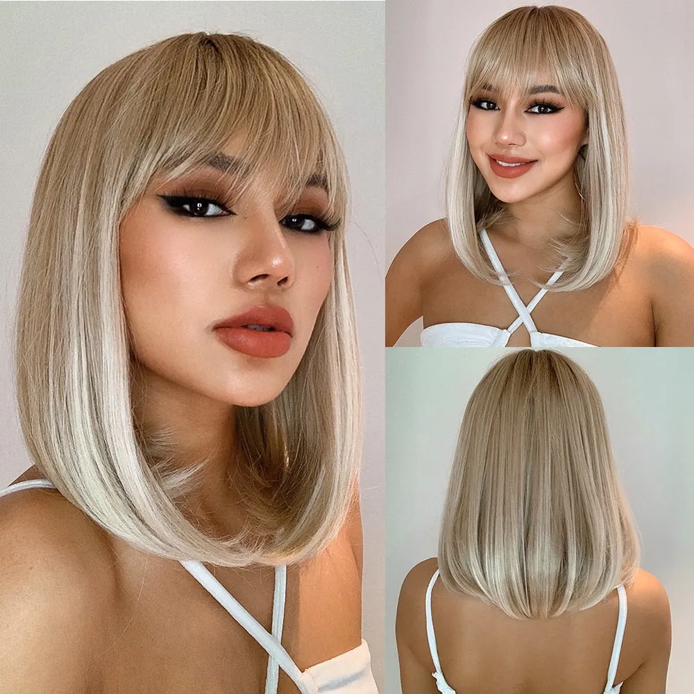 Long Bob Hairstyle Synthetic Hair Silky Straight WIth Bangs Capless Women Wig 16 Inches