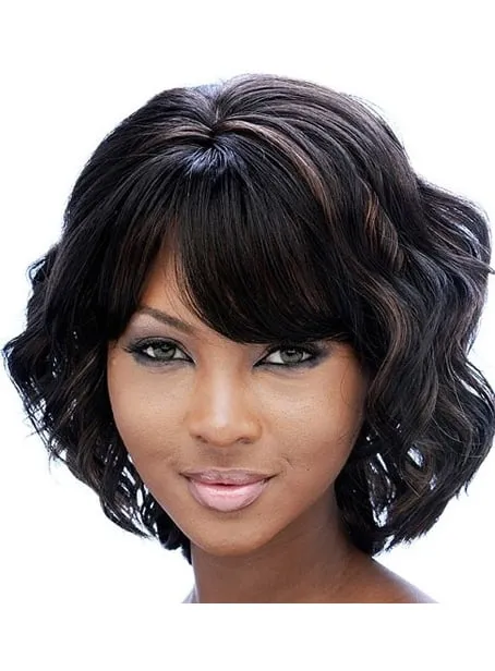 African American Women Middle Length Body Wave Full Bang Capless Synthetic Wigs 12 Inches