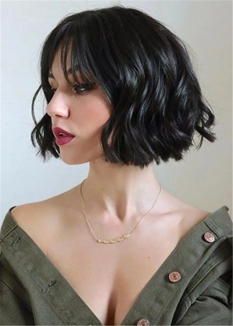 Shot Bob Wavy Synthetic Hair With Bangs Women Wig 12 Inches