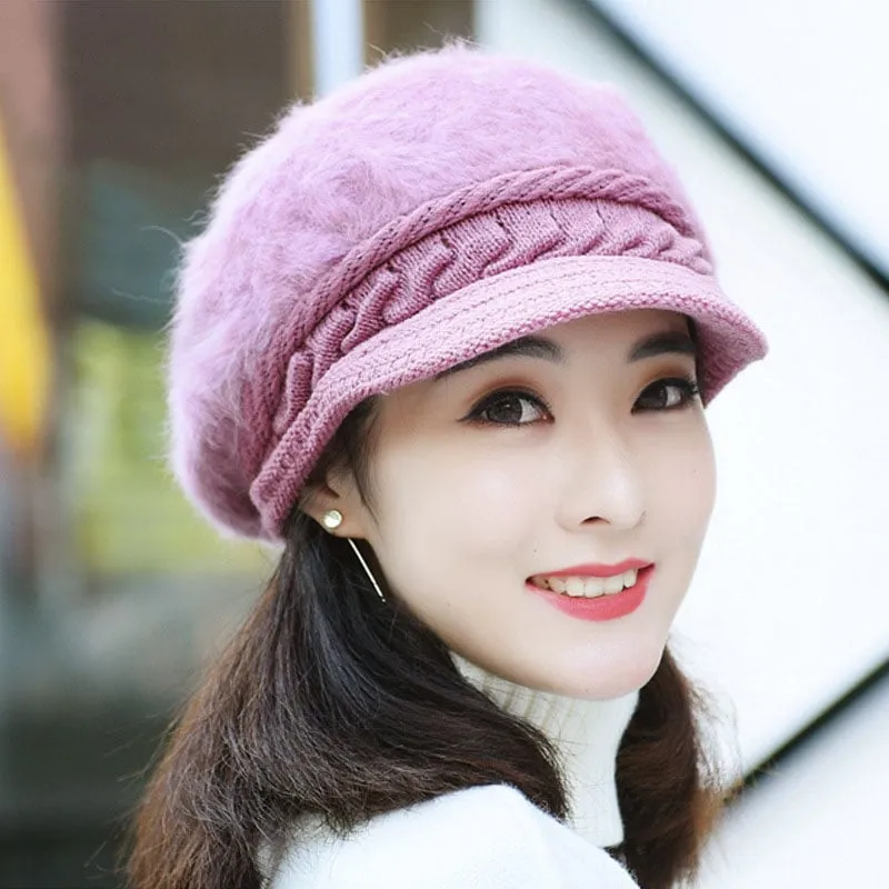 Women's Sweet Style Flocking Embellishment Plain Pattern Dome Crown Short Brim Knitted Hats