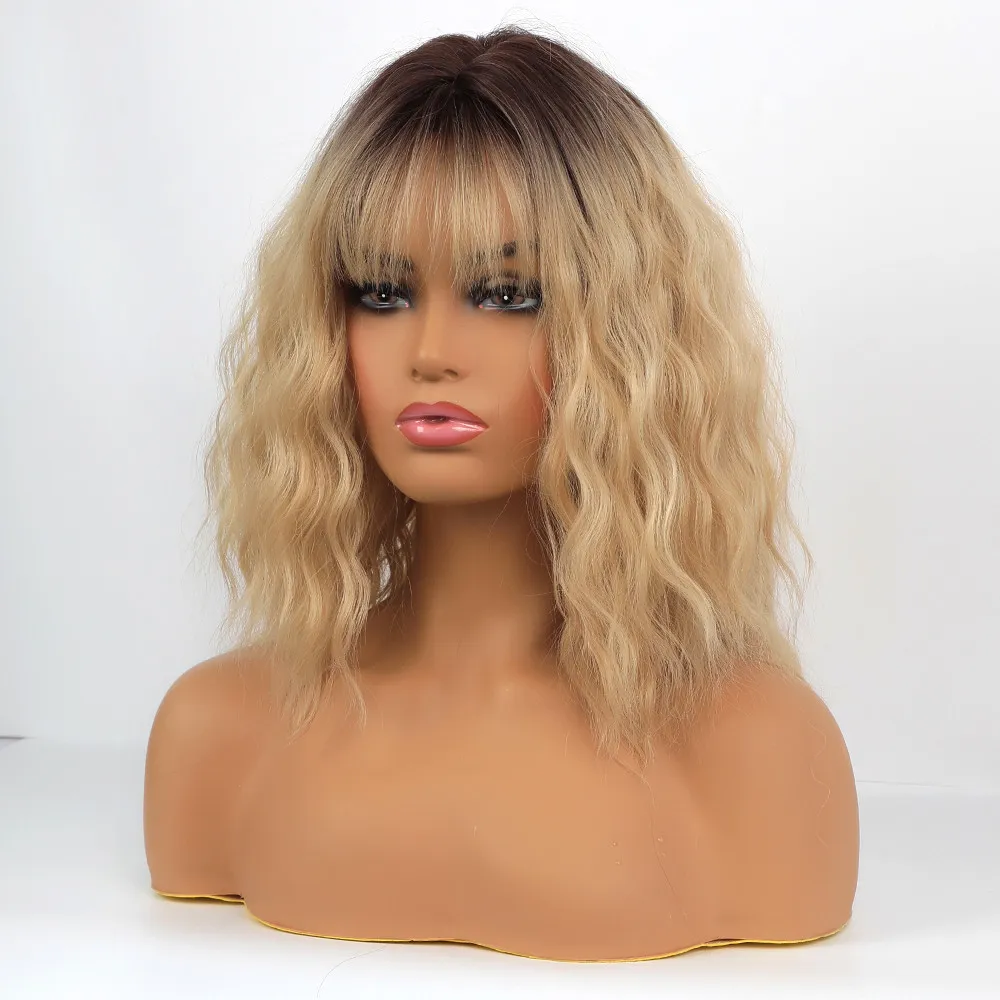 Long Bob Light Color Wavy Synthetic Hair Women Wig With Bangs 18 Inches