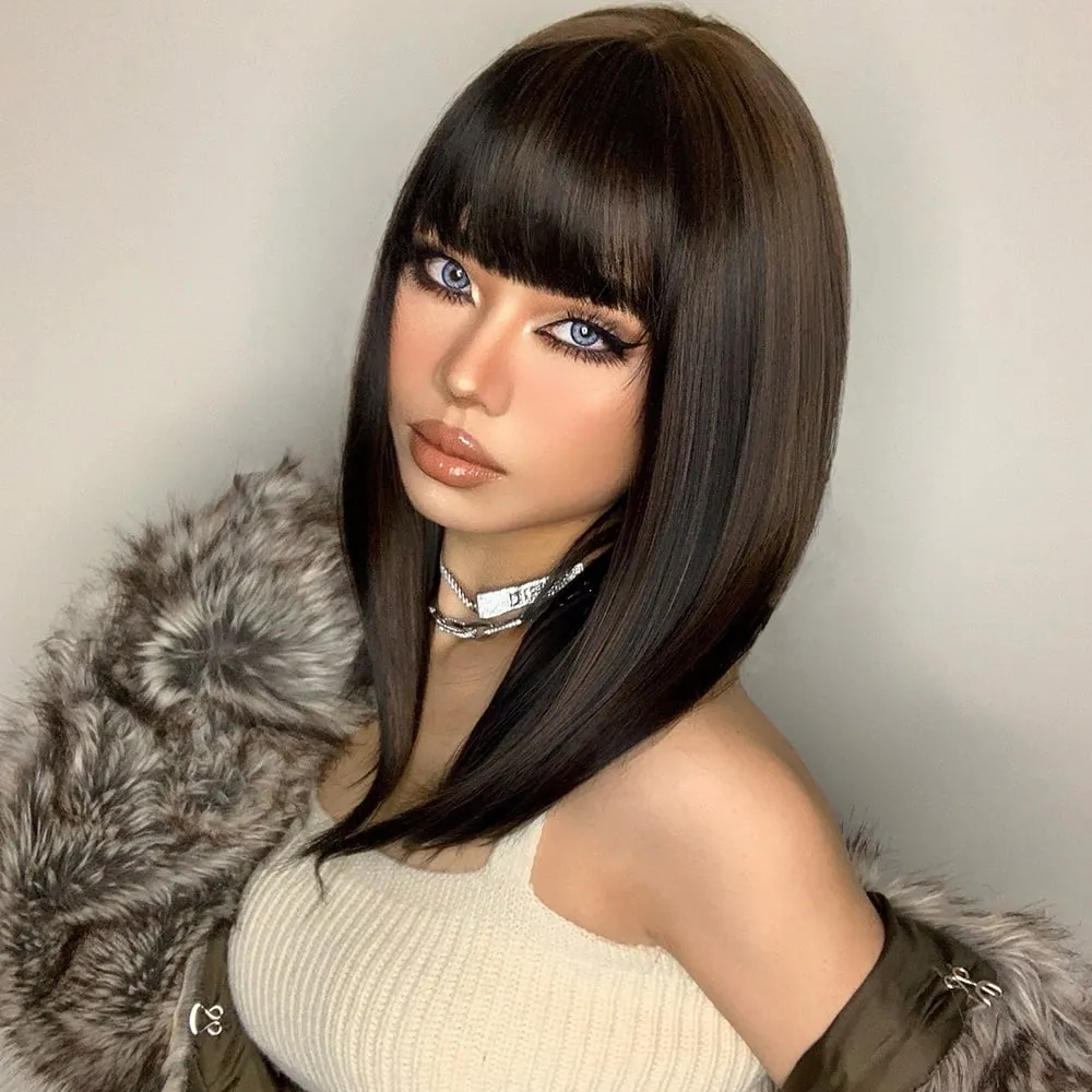 Long Straight Bob Hairstyle Synthetic Straight Hair With Bangs Capless Wigs 18 Inches