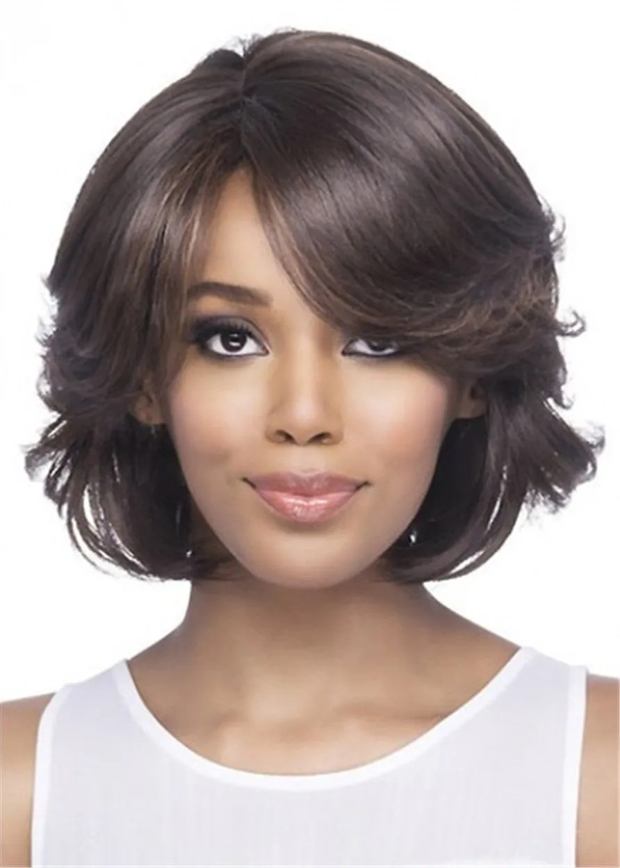 Synthetic Full Bob Sytle Wavy Hair CaplessWig With Bangs 14 Inches