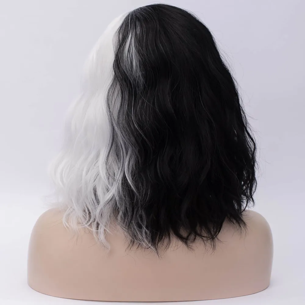 Medium Cruella Wig Black and White Synthetic Hair Wavy Bob Hairstyle