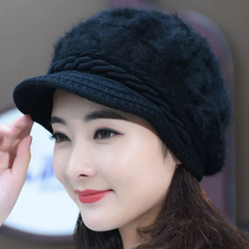 Women's Sweet Style Flocking Embellishment Plain Pattern Dome Crown Short Brim Knitted Hats