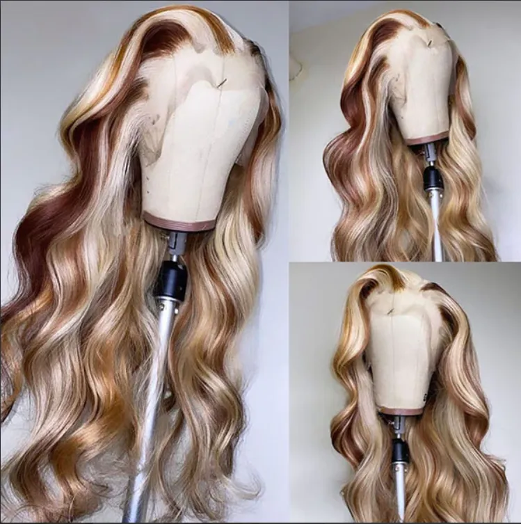 Glueless 30 38 Inch Blonde Balayage Highlight Long Wigs Colored Body Wave Human Hair Lace Front Wigs