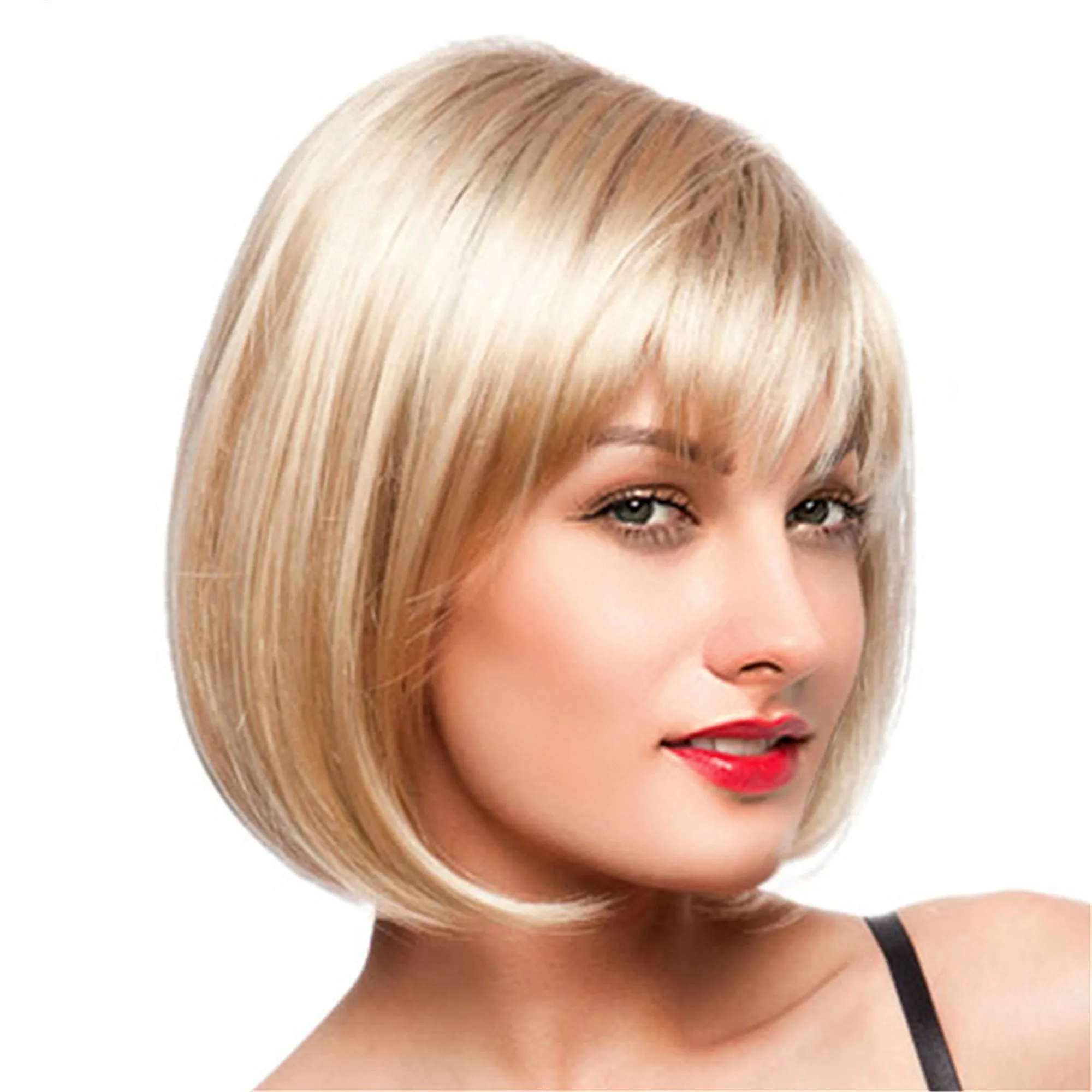 Bobstyle Shoulder Lenght Choppy Bang Capless Human Hair Blend Wigs