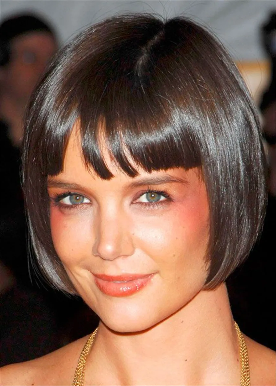 Short Bob Synthetic Straight Hair With Bangs Lace Front Women Wig 10 Inches