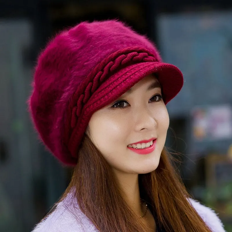 Women's Sweet Style Flocking Embellishment Plain Pattern Dome Crown Short Brim Knitted Hats