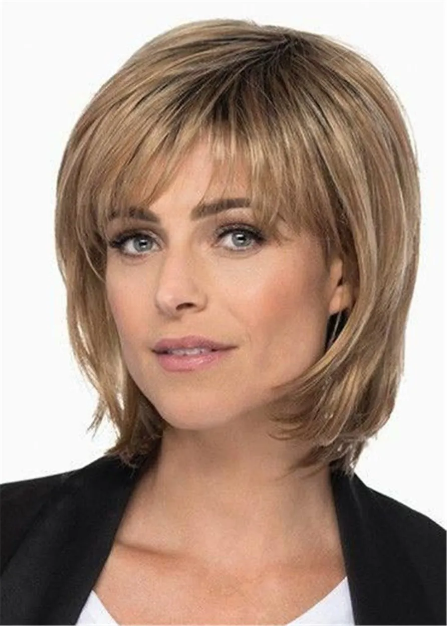 Medium Length Layered Bob With Bangs Synthetic Hair Lace Front Wig 14 Inches