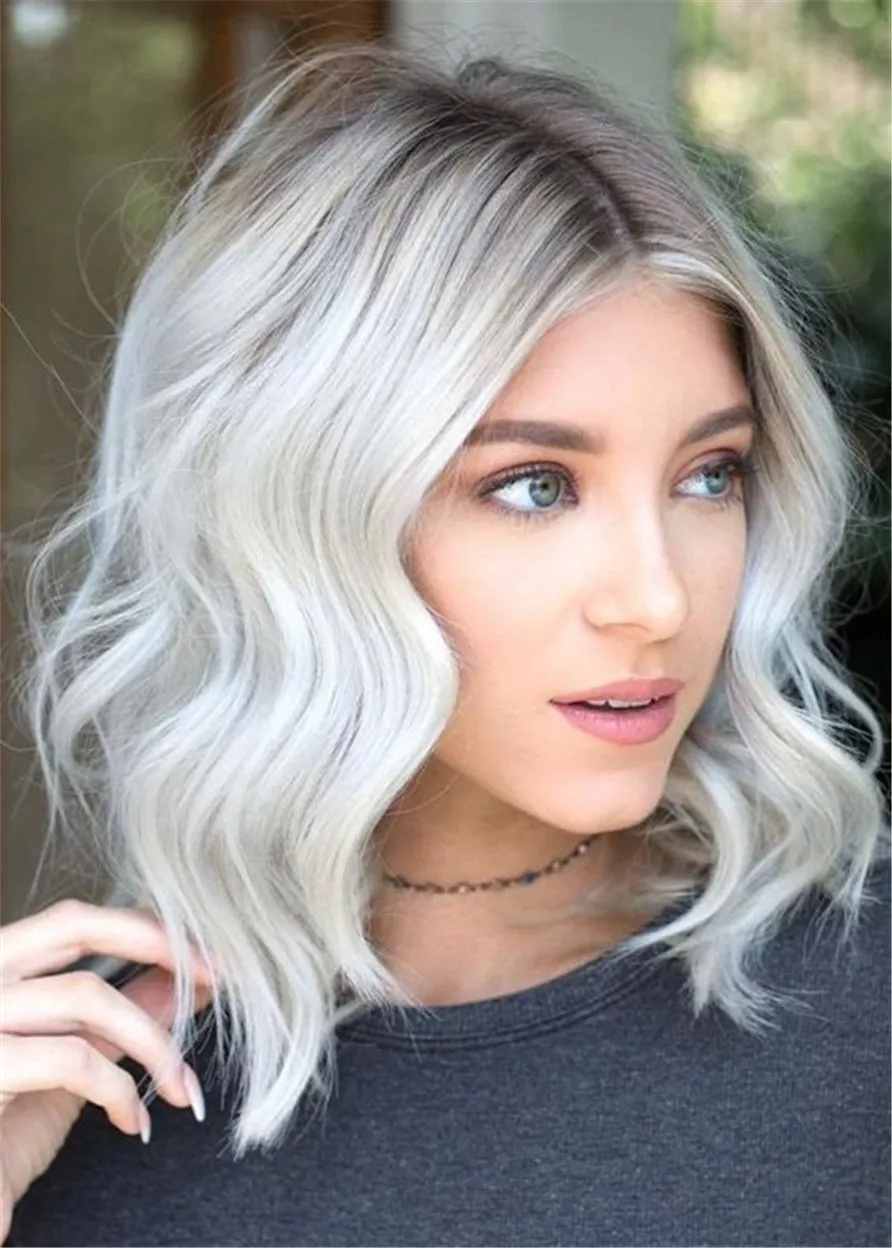 Medium Wavy Bob Haircut Synthetic Gray Hair Capless Women Wigs 14Inch