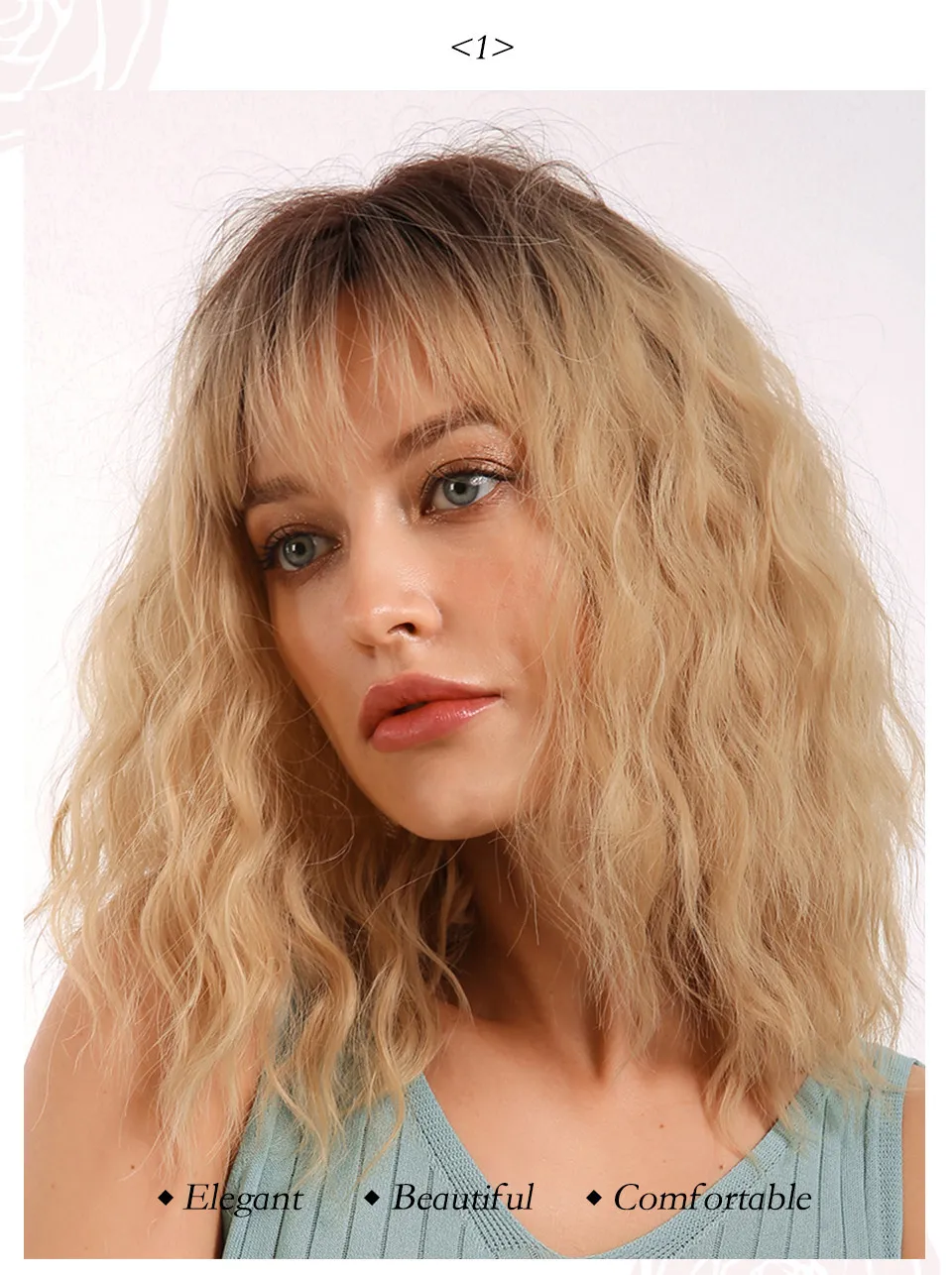 Long Bob Light Color Wavy Synthetic Hair Women Wig With Bangs 18 Inches