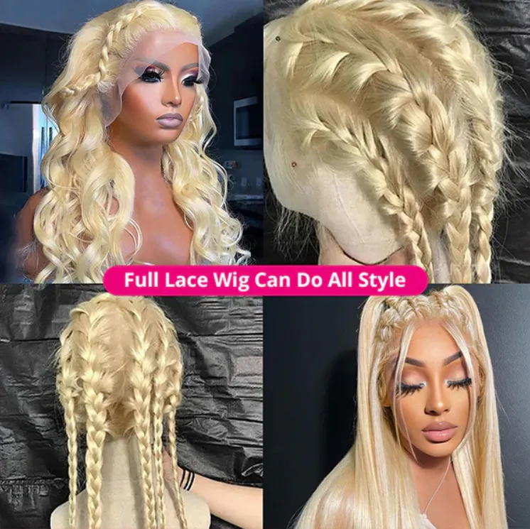 613 Blonde Glueless Full Lace Human Hair Wigs HD Transparent 250% Density Straight Lace Frontal Wig