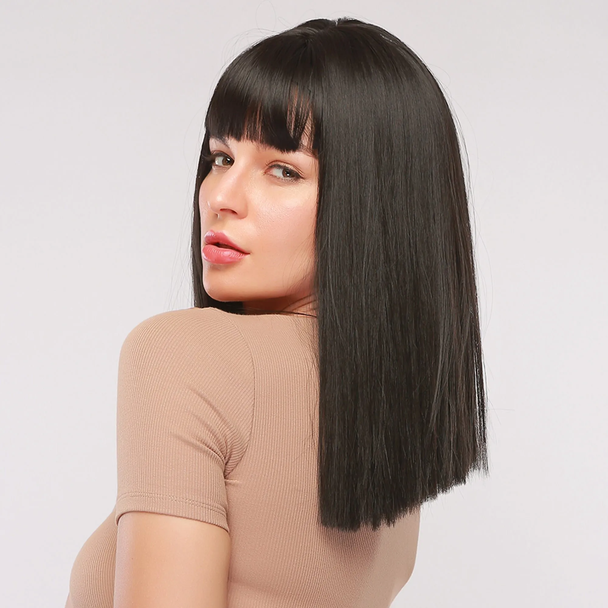 Long Straight Bob Synthetic Hair Wig With Bangs Capless Wig 16 Inches