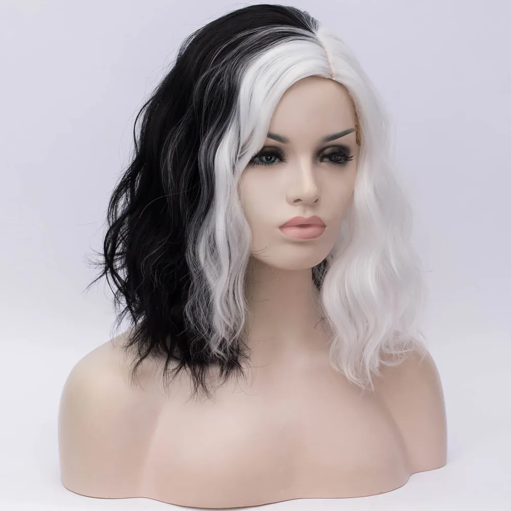 Medium Cruella Wig Black and White Synthetic Hair Wavy Bob Hairstyle