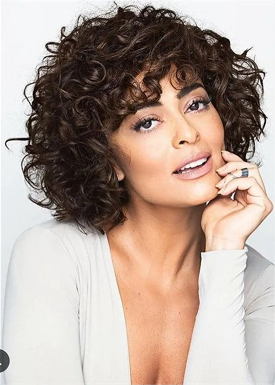 Medium Bob Kinky Curly Synthetic Hair With Bangs Capless Wig