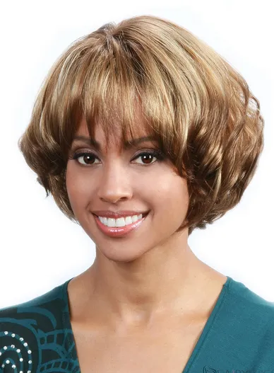 African American Women Short Curly Layered Bob Hairstyle Full Bang Capless Synthetic Wigs 10 Inches