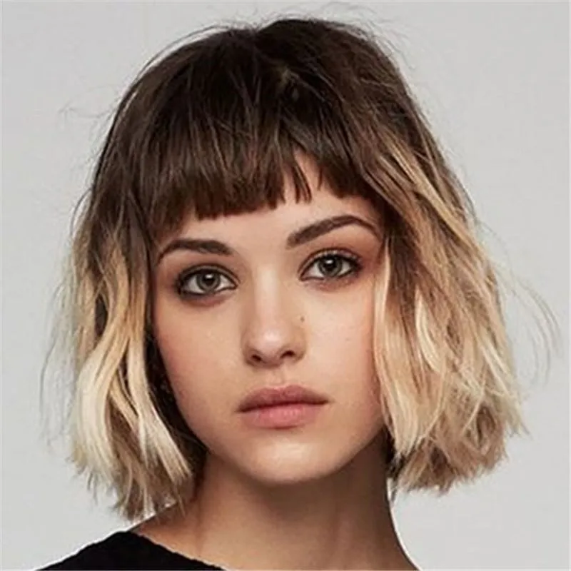 Mix Color Bob Hairstyles Natural Wavy Synthetic Hair WIth Bangs Capless Wigs 14Inch