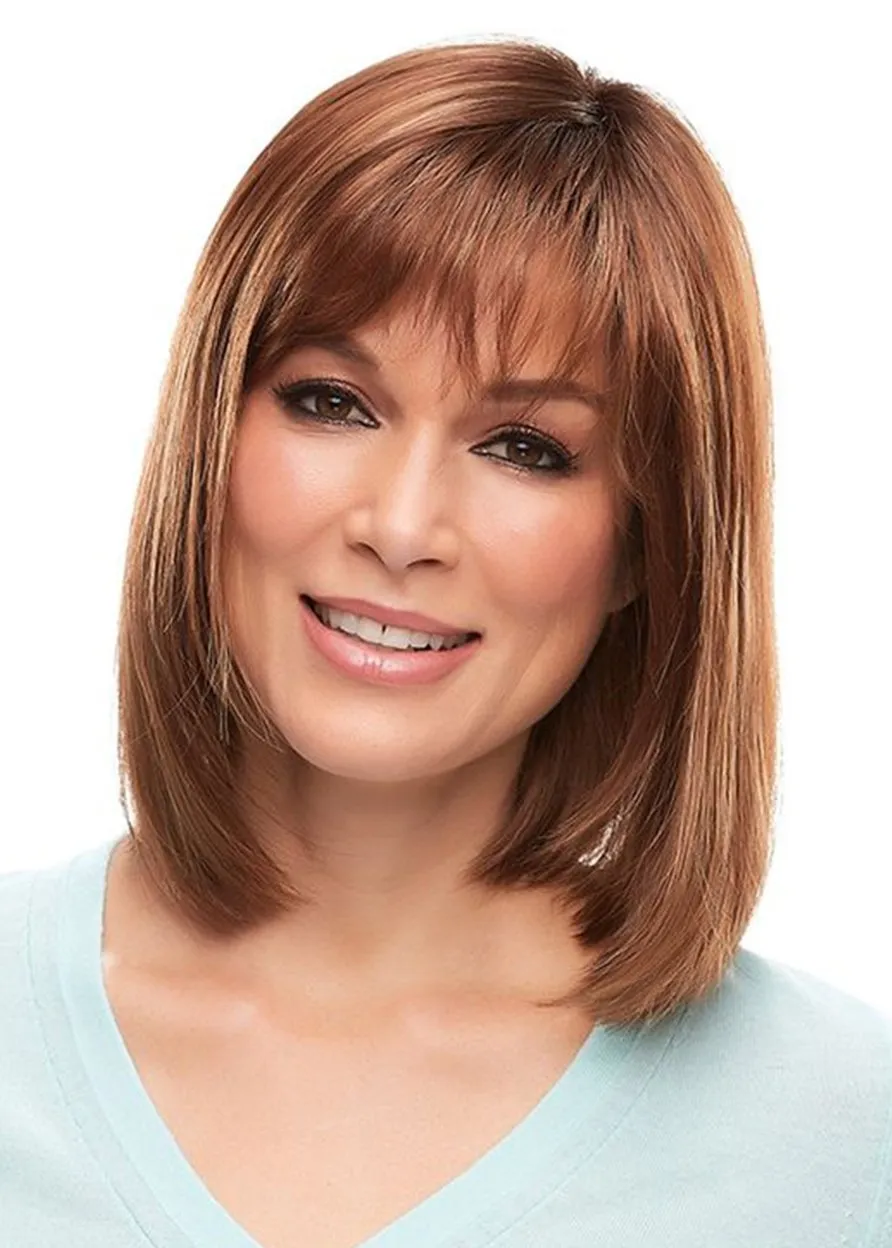 Women's Medium Bob Hairstyles Natural Straight Human Hair Wigs Lace Front Wigs With Bangs 16Inch