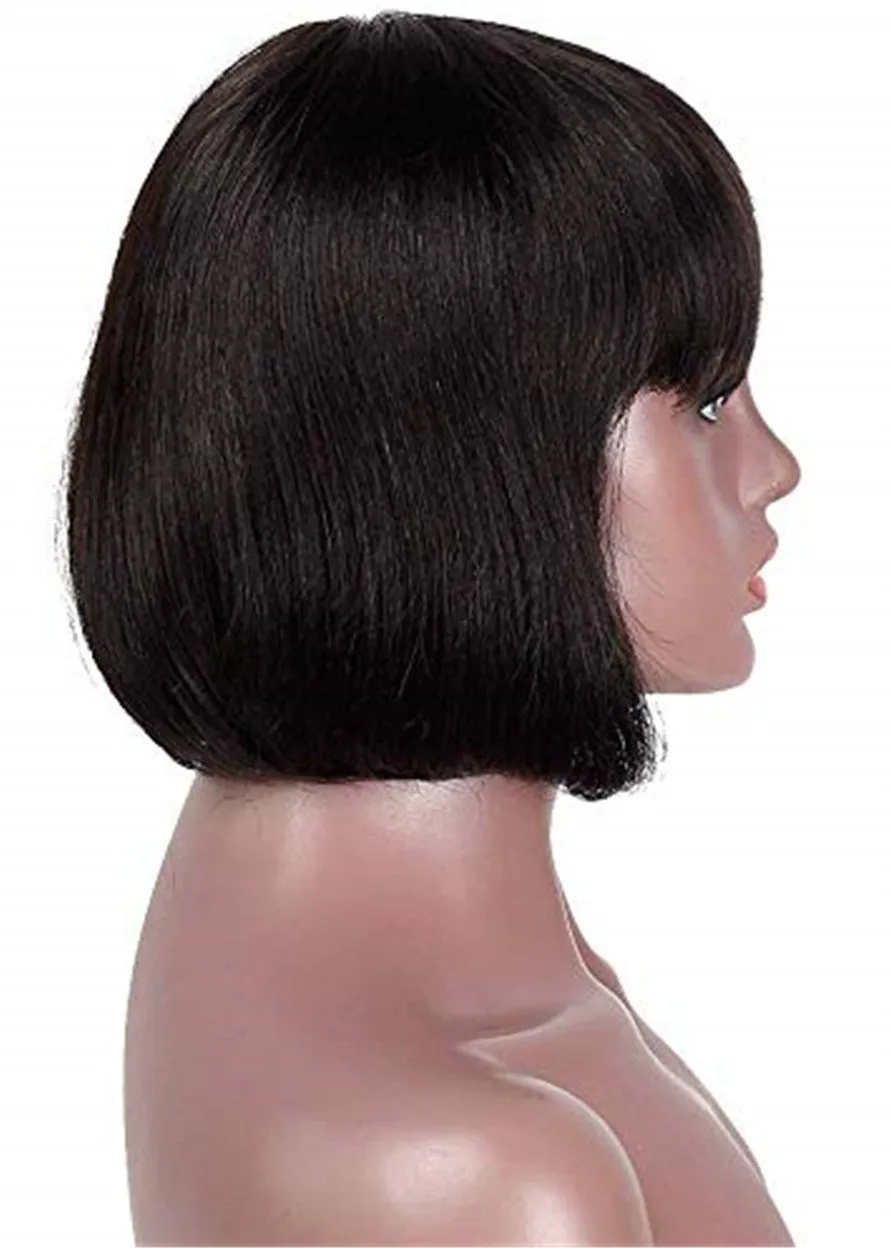 Short Bob Cut Straight Human Hair With Bangs Lace Front Wig 14 Inches