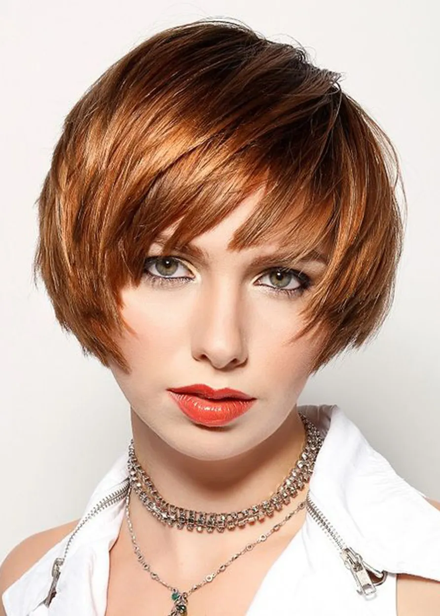 Women's Short Bob Straight Human Hair Capless Wigs With Bangs 10Inch