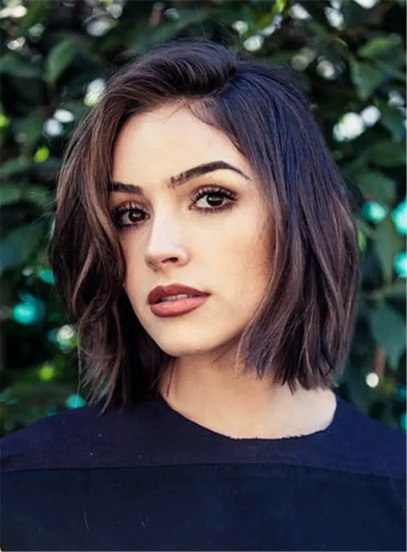 Smooth Short Bob Hairstyle Straight Brown Synthetic Hair Lace Front Cap Women Wigs 10 Inches