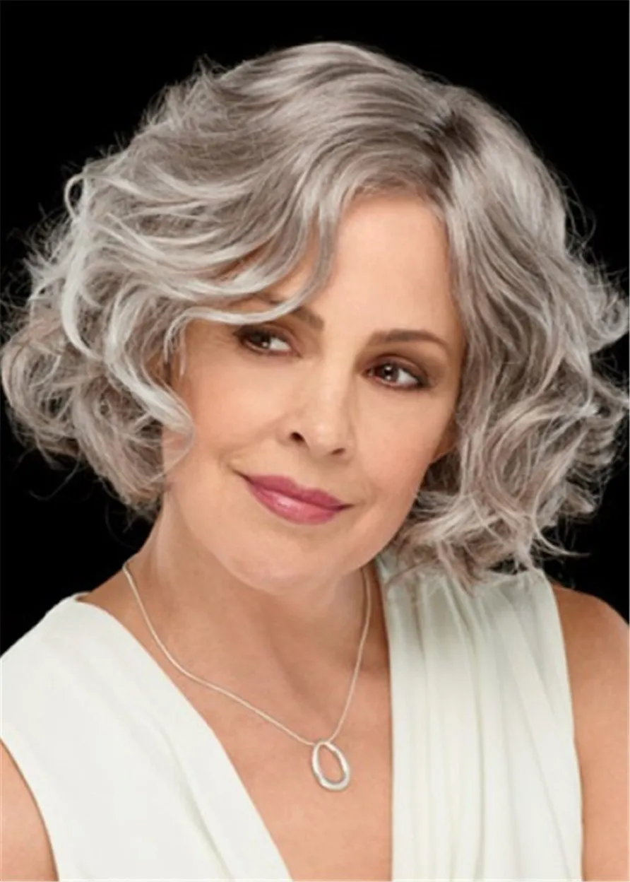 Medium Wavy Bob Style Grey Synthetic Hair Wig for Older Lady 12Inches