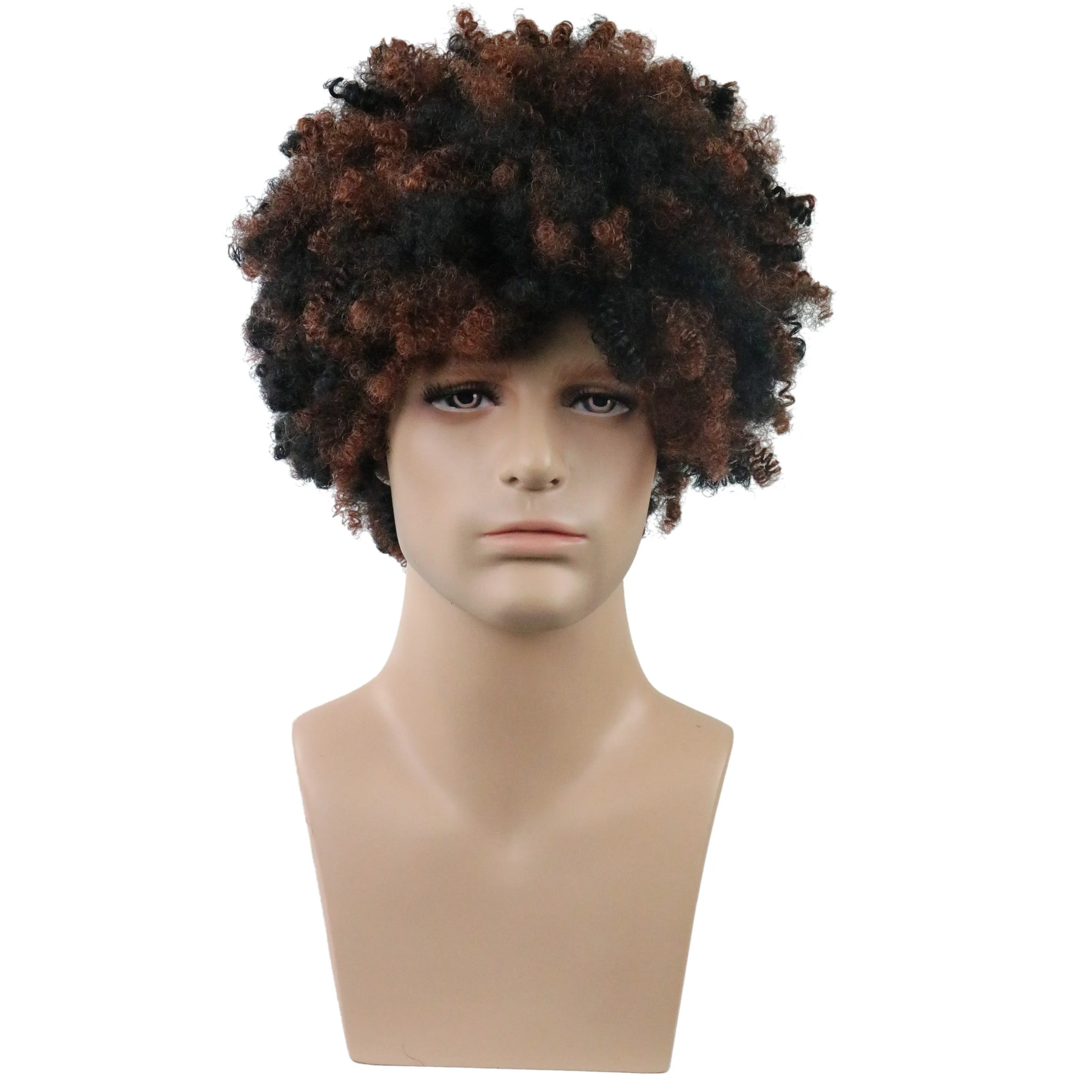 Men's Short Afro Curly Synthetic Hair Capless Wigs Black&Brown Mixed Color 12inch