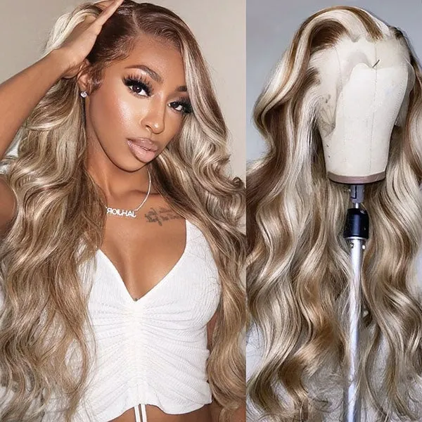 Glueless 30 38 Inch Blonde Balayage Highlight Long Wigs Colored Body Wave Human Hair Lace Front Wigs