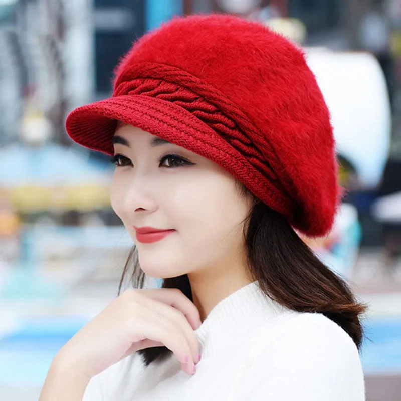 Women's Sweet Style Flocking Embellishment Plain Pattern Dome Crown Short Brim Knitted Hats