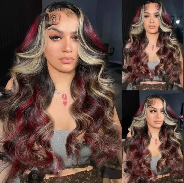 Black With Red & Blonde Highlights Human Hair Wigs Body Wave 13x4 Lace Front Wig