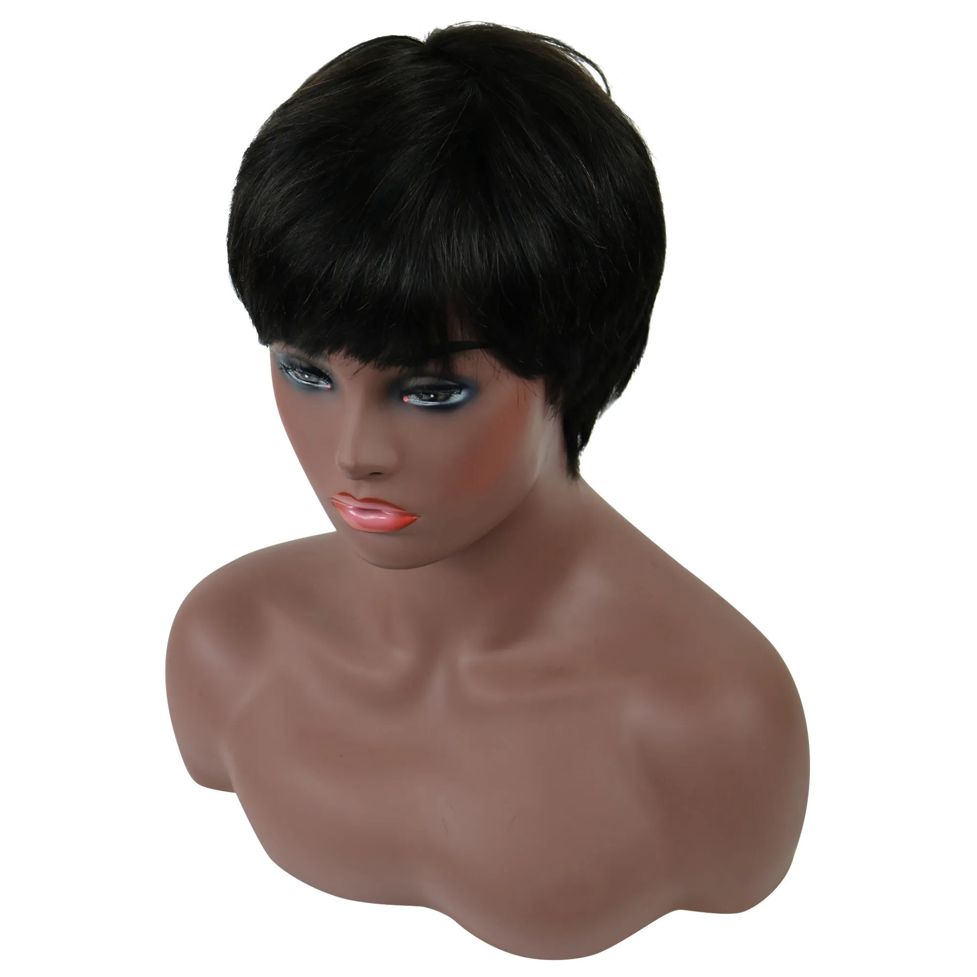 African American Pixie Short Straight Human Hair Capless Wigs