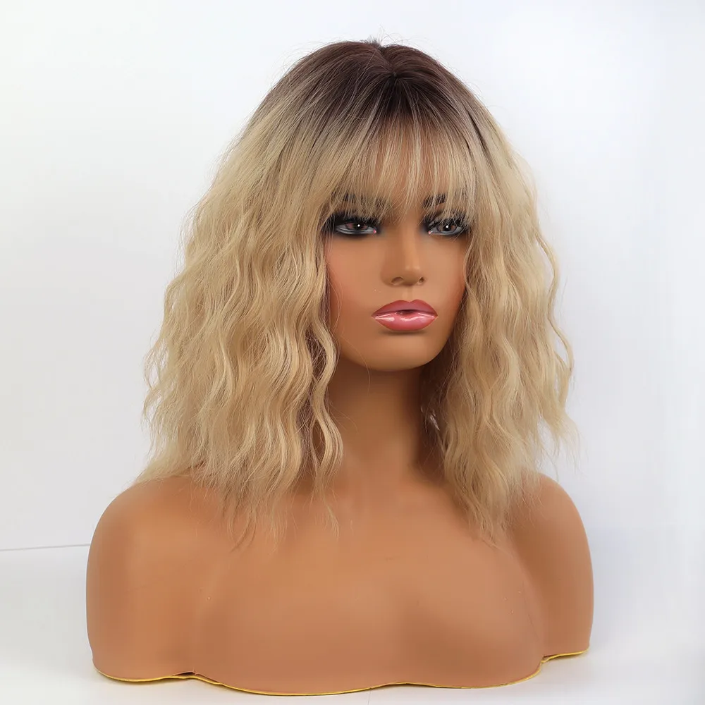 Long Bob Light Color Wavy Synthetic Hair Women Wig With Bangs 18 Inches