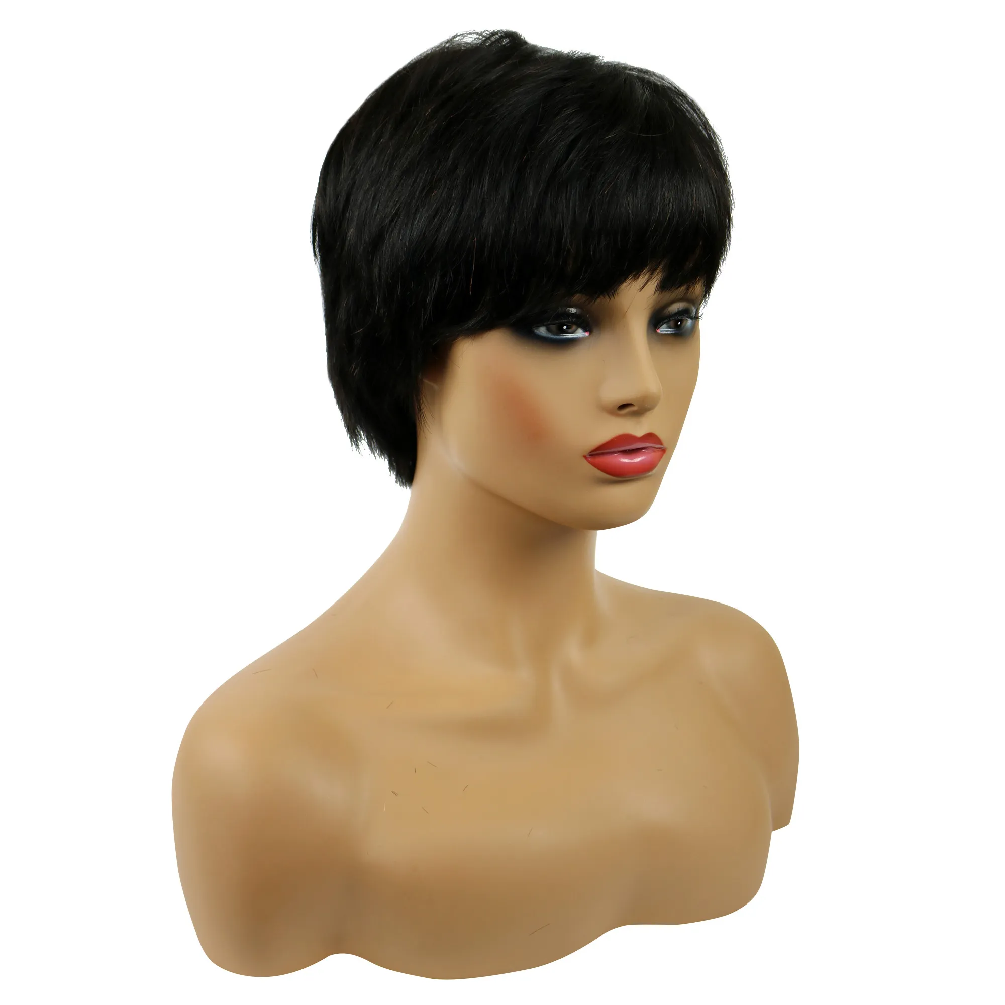 African American Pixie Short Straight Human Hair Capless Wigs