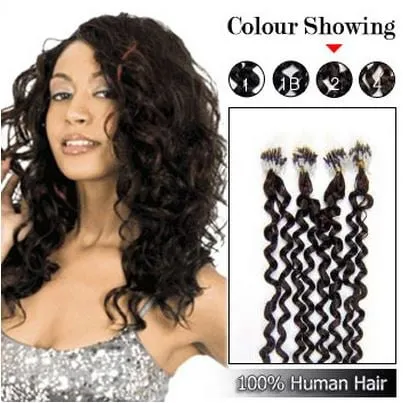 Curly Dark Brown (#2) 100S Human Hair Micro Loop Ring Hair Extensions