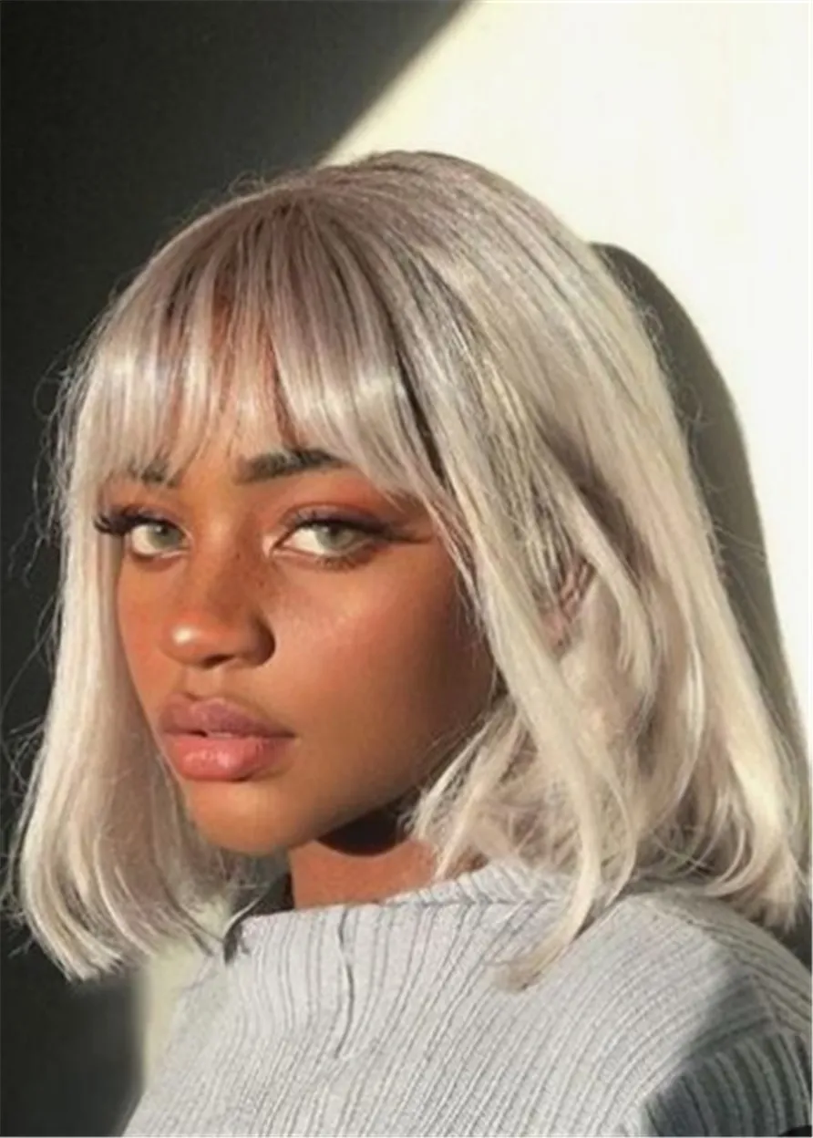 Grey Color Bob Straigjt Synthetic Hair With Bangs Wig 14 Inches