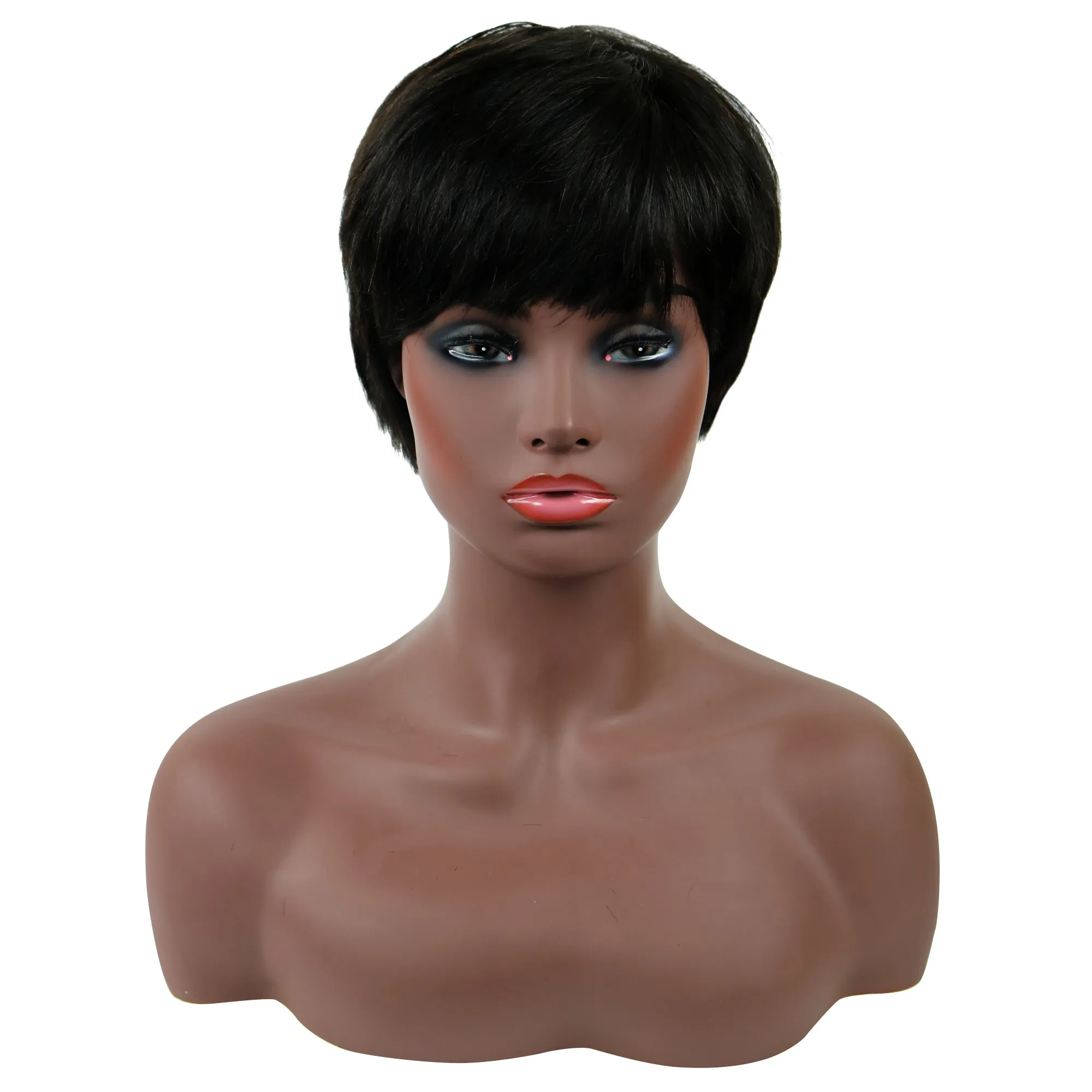 African American Pixie Short Straight Human Hair Capless Wigs