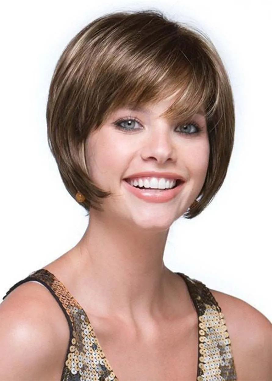 Cute Women's Short Bob Style Straight Human Hair With Bangs Capless Wigs 8Inch