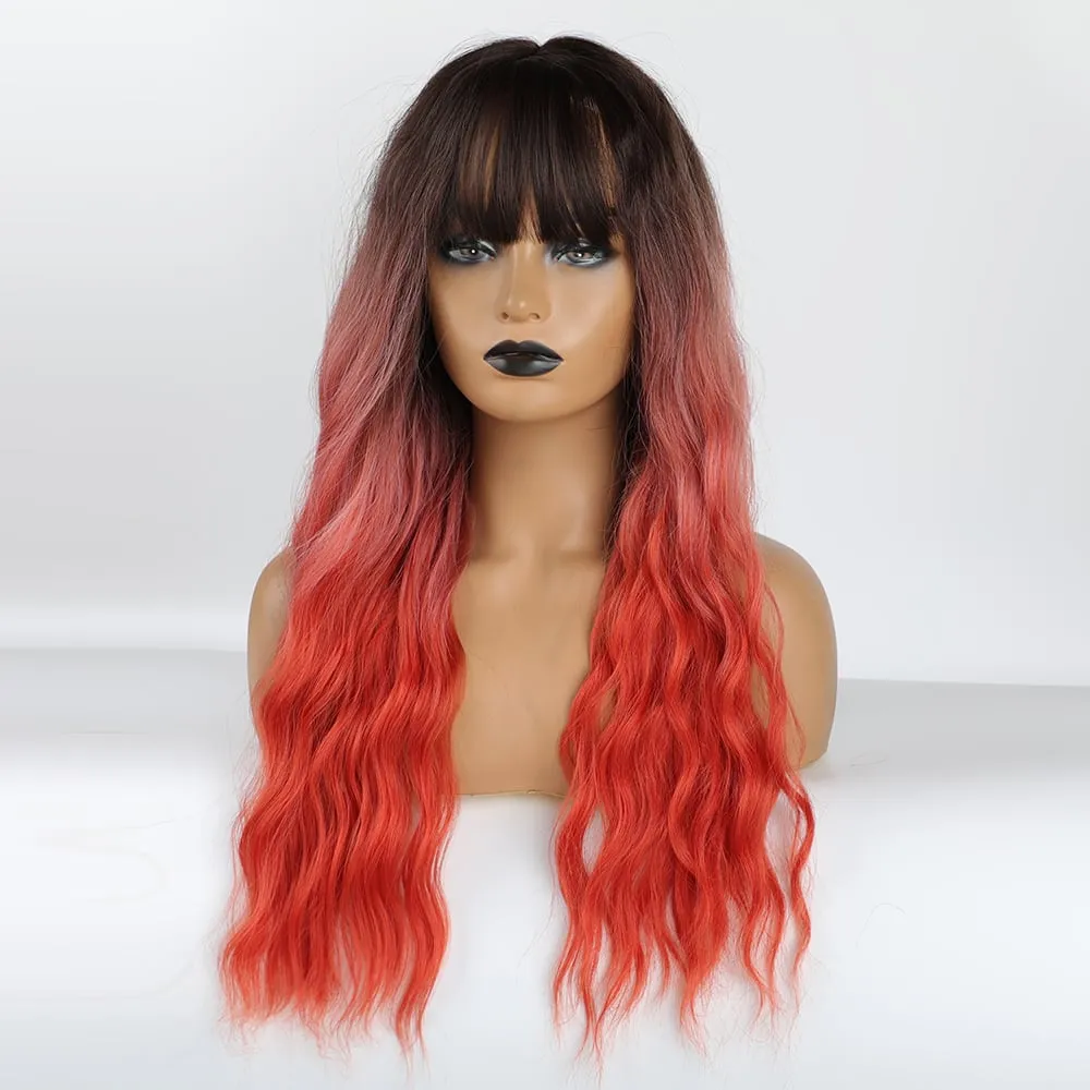 Long Ombre Color Synthetic Hair Wigs With Bangs 26 Inches