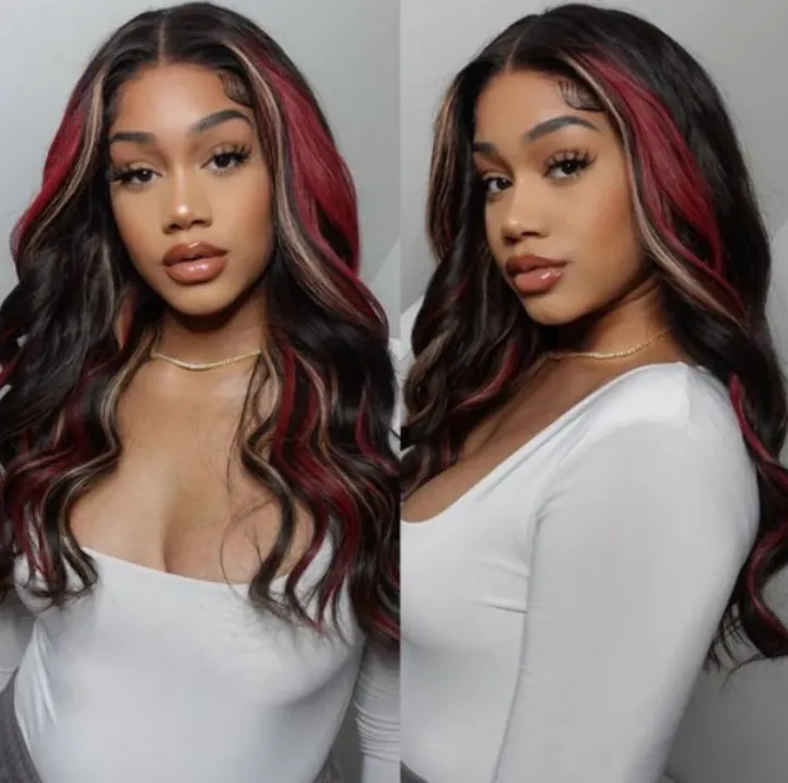 Black With Red & Blonde Highlights Human Hair Wigs Body Wave 13x4 Lace Front Wig