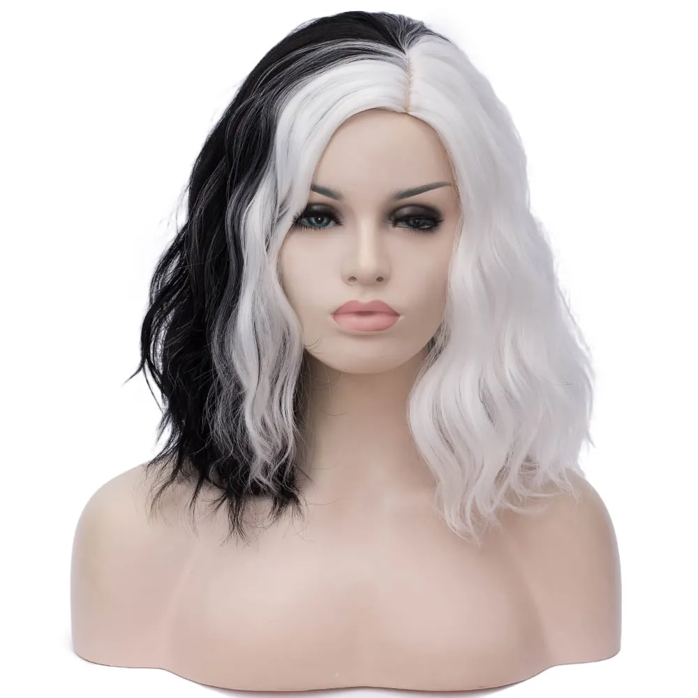 Medium Cruella Wig Black and White Synthetic Hair Wavy Bob Hairstyle