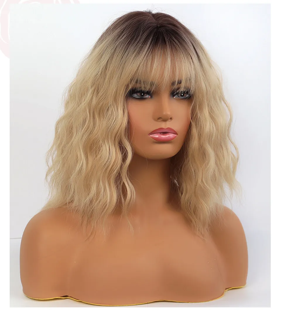 Long Bob Light Color Wavy Synthetic Hair Women Wig With Bangs 18 Inches