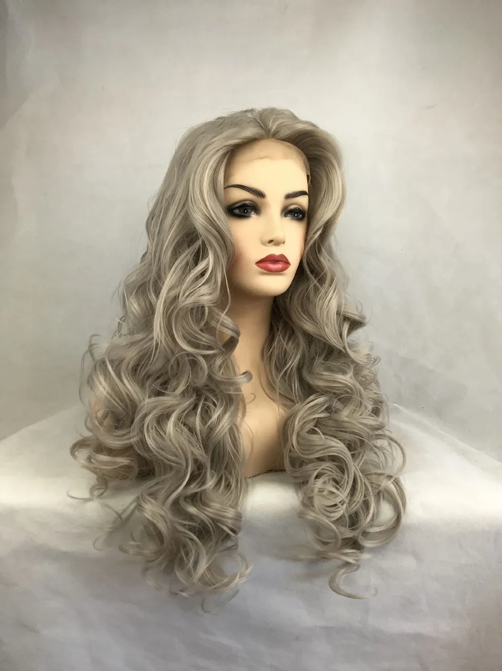 Long Grey Curly Synthetic Hair Lace Front Wig 32 Inches