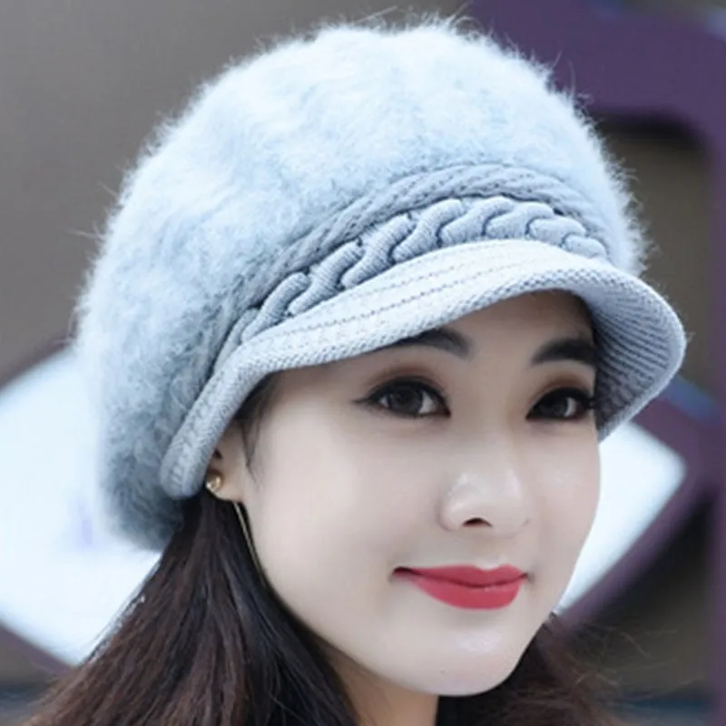 Women's Sweet Style Flocking Embellishment Plain Pattern Dome Crown Short Brim Knitted Hats