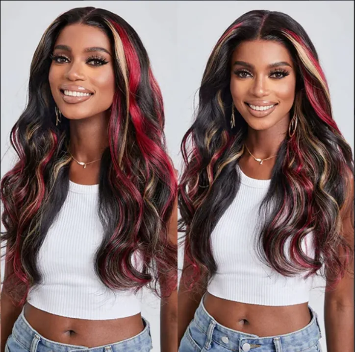 Black With Red & Blonde Highlights Human Hair Wigs Body Wave 13x4 Lace Front Wig