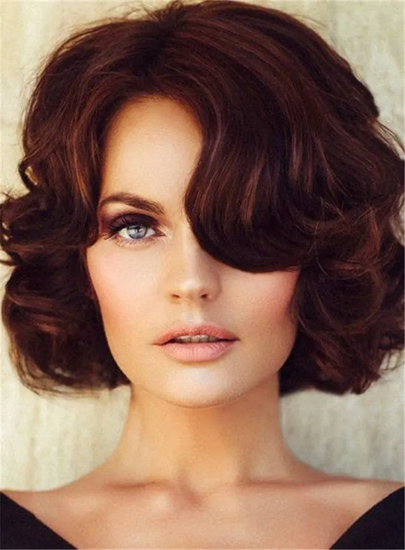 Short Wave Bob Blunt Cut Classical Synthetic Hair With Bangs Lace Front Cap Wigs 12 Inches