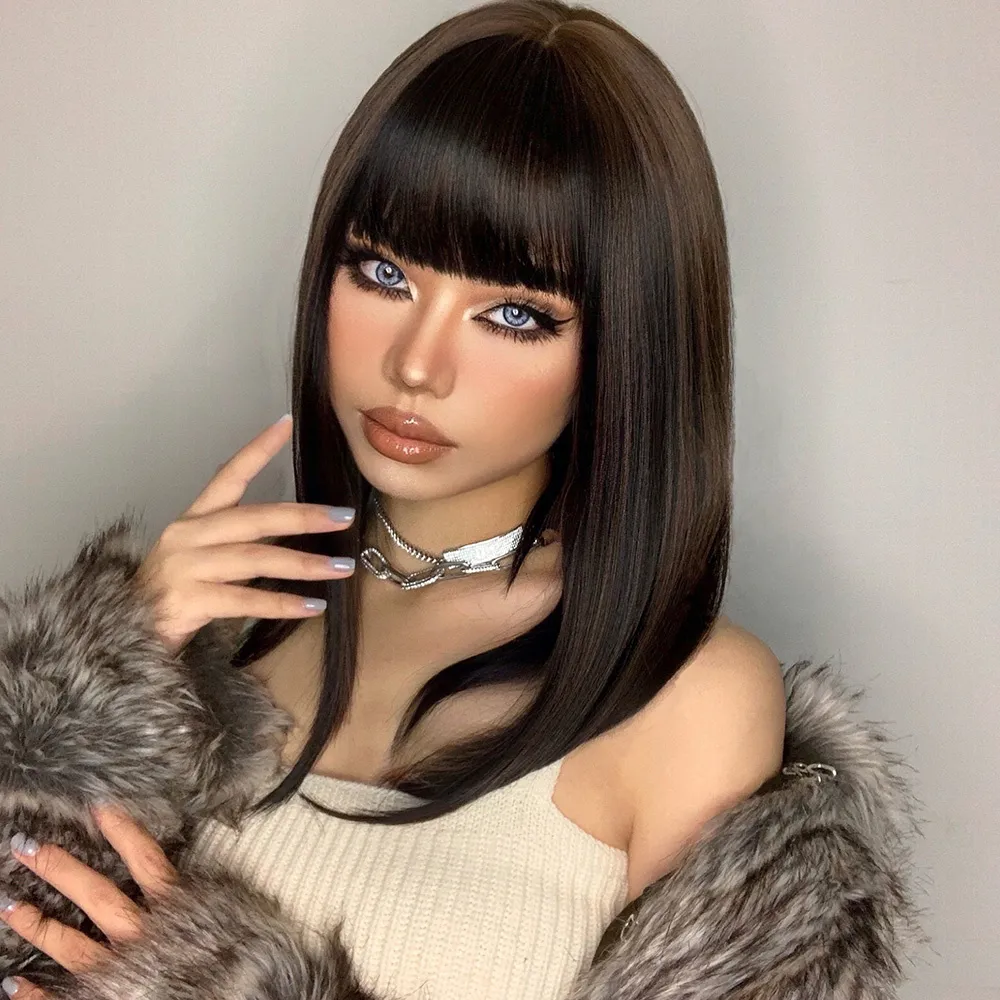 Long Straight Bob Hairstyle Synthetic Straight Hair With Bangs Capless Wigs 18 Inches