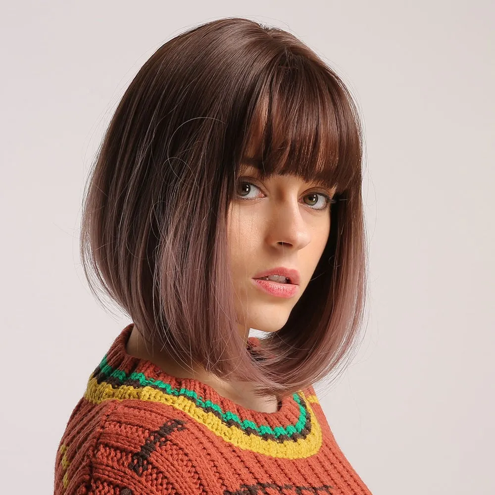 Short Bob Wig with Bangs Capless Straight Synthetic Hair Wigs 12Inch